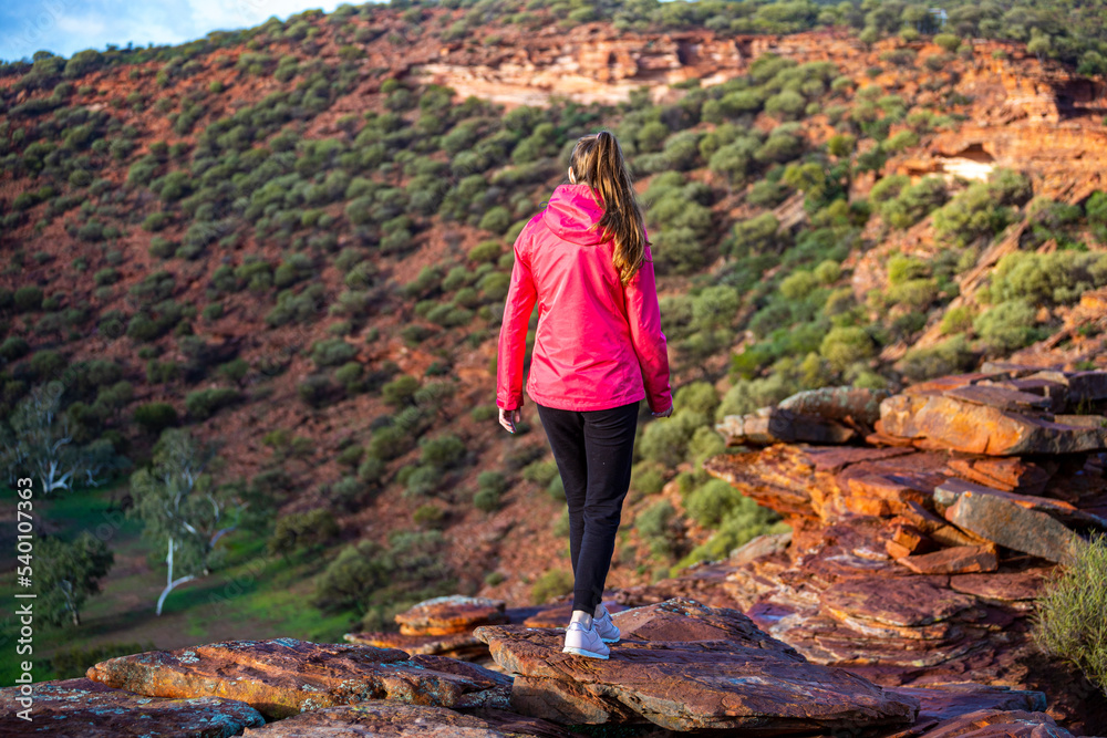 long-haired girl walks along a ridge on the red rocks of kalbarri national park in western australia; hiking in the wilderness, australian outback long-haired girl walks along a ridge on the red rocks of kalbarri national park in western australia; hiking in the wilderness, australian outback