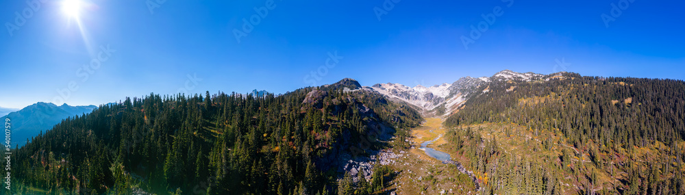 Aerial Panoramic View of River with green trees in Canadian Mountain Landscape. Brandywine Meadows near Whistler and Squamish, British Columbia, Canada. Nature Background Panorama