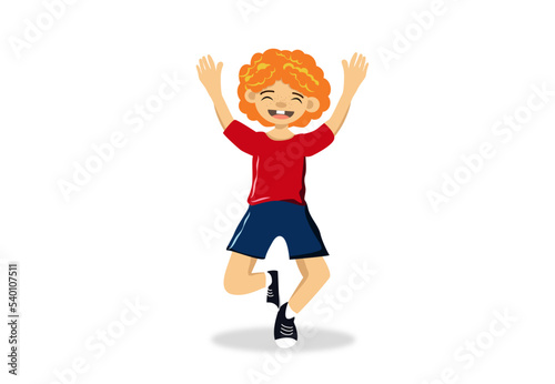 curly red-haired boy in a cap jumping and having fun