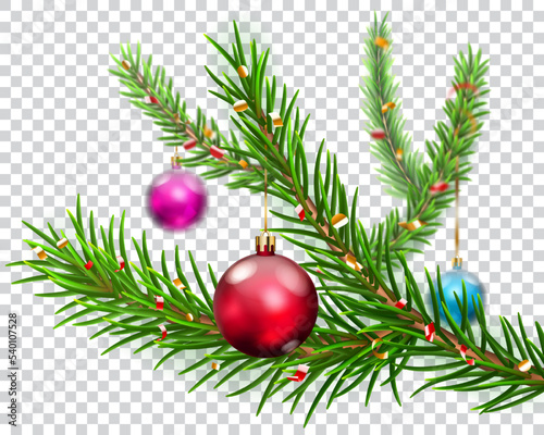 Christmas pine branches  decorated with hanging colored balls and pieces of serpentine  isolated on transparent background