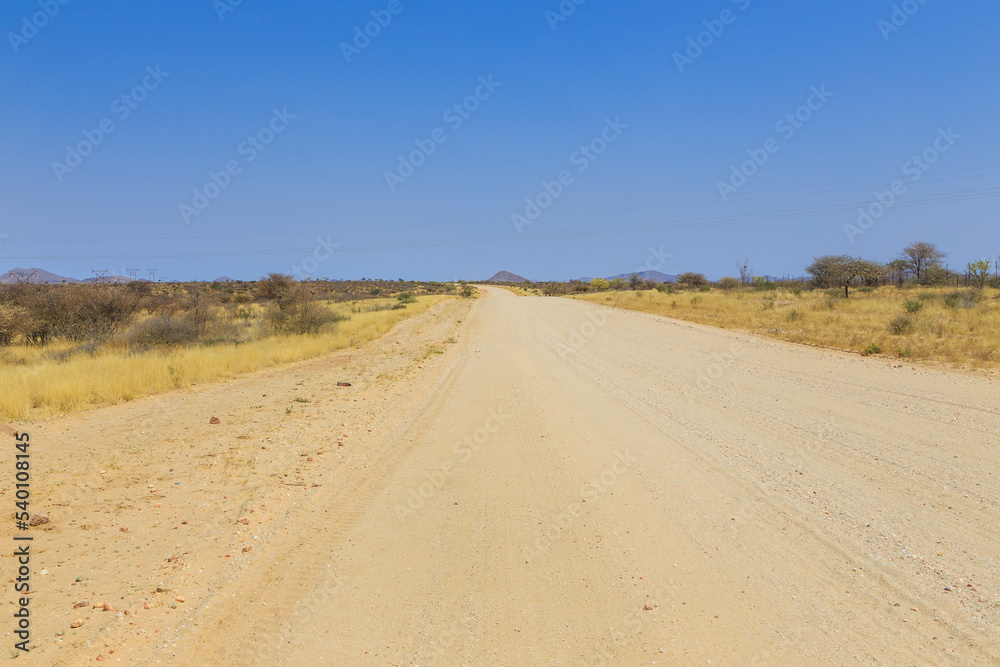 Namibian landscape along the gravel road. Rehoboth, Namibia.