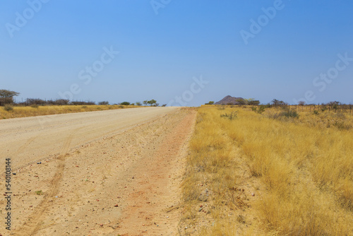 Namibian landscape along the gravel road. Rehoboth, Namibia.