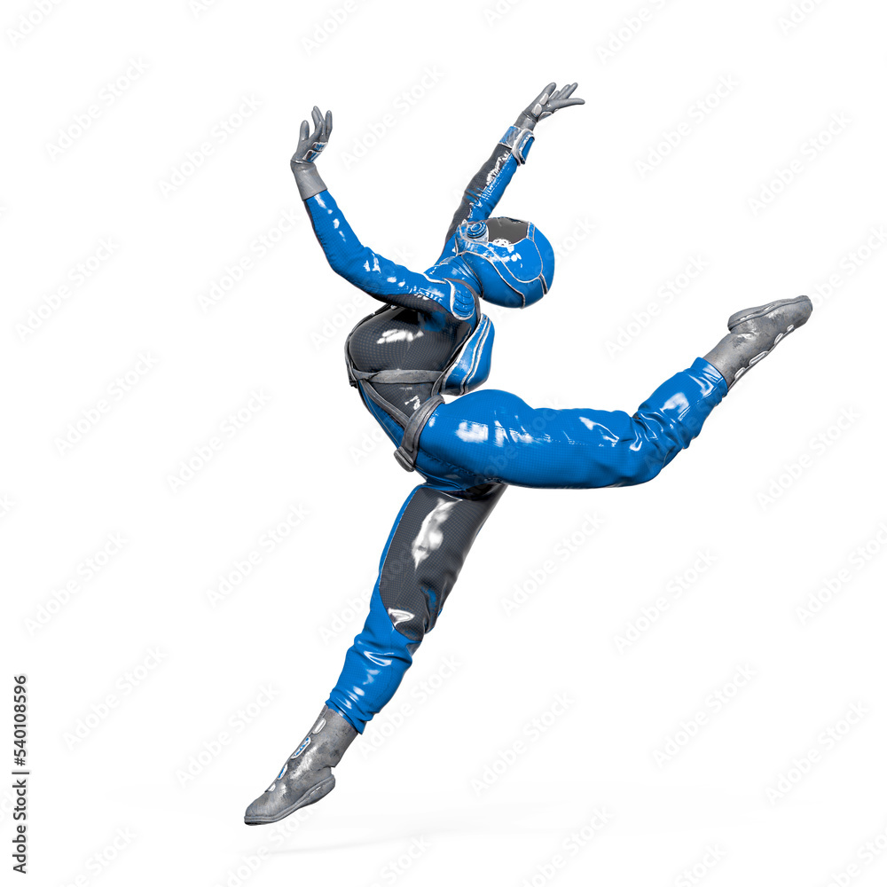 cosmonaut girl is jumping in a modern dance on white background cosmonaut girl is jumping in a modern dance on white background