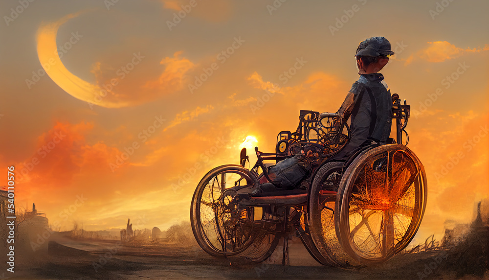 Fototapeta premium A boy in a wheelchairin steampunk style.