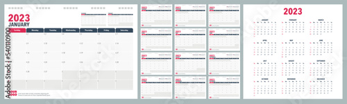 Calendar Planner 2023 in English language. Week start Sundey, corporate design planner template.