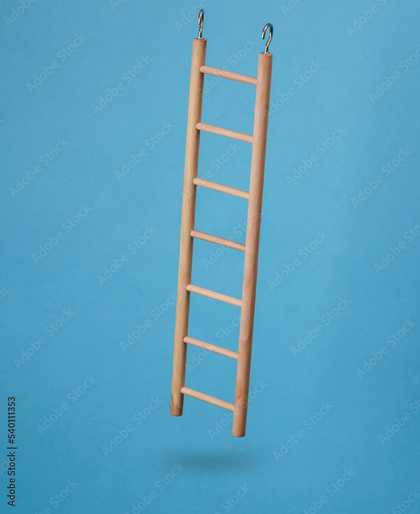 Wooden ladder evitating on blue background with shadow. Leadership, career growth, business concept. Wooden ladder evitating on blue background with shadow. Leadership, career growth, business concept.