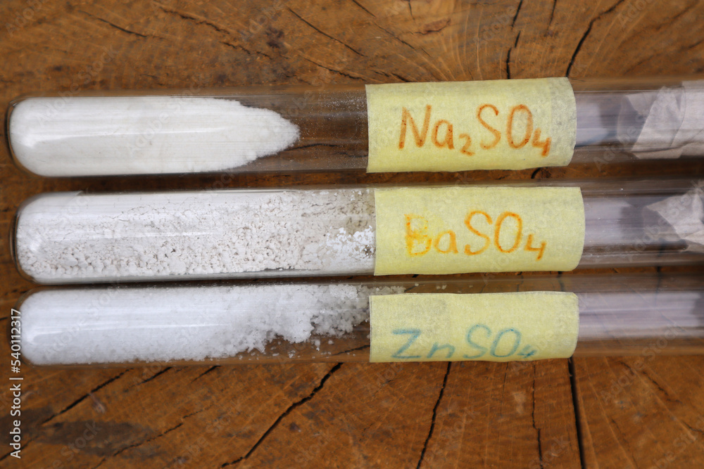 White crystalline substances in test tubes, sulfate salts: sodium ...