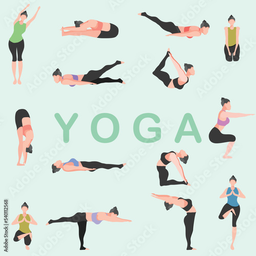 Icons of illustrated women in different yoga poses on a mint background