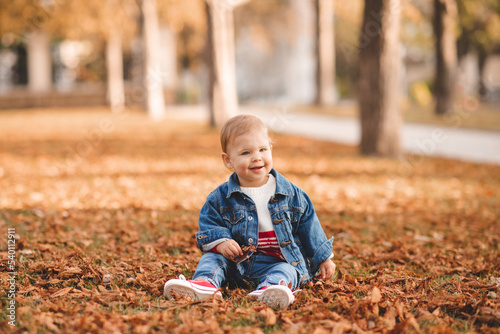 Cute stylish child girl 2-3 year old wear casual clothes denim jacket and pants in park with fallen leaves outdoor. Autumn season.