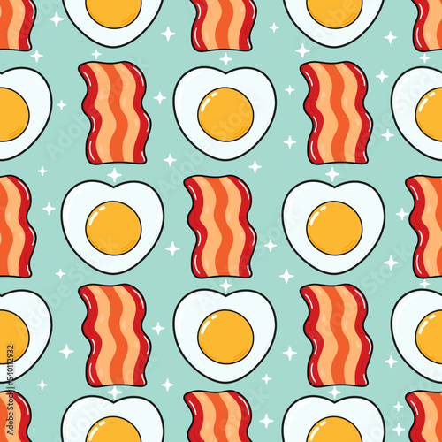 Pattern bacon and fried eggs. Vector hand drawn doodle style cartoon character illustration icon design. Pattern bacon and fried eggs friends concept