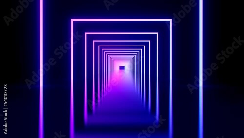 Abstract fantasy corridor with neon lighting. 3d animation with glowing squares