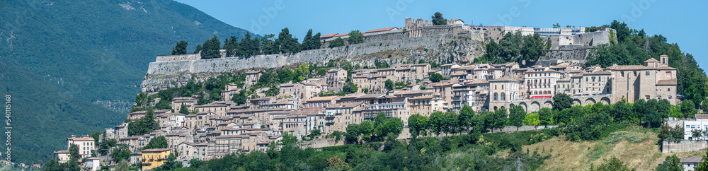 Extra wide angle view of panorama of the beautiful village of Civitella del Tronto