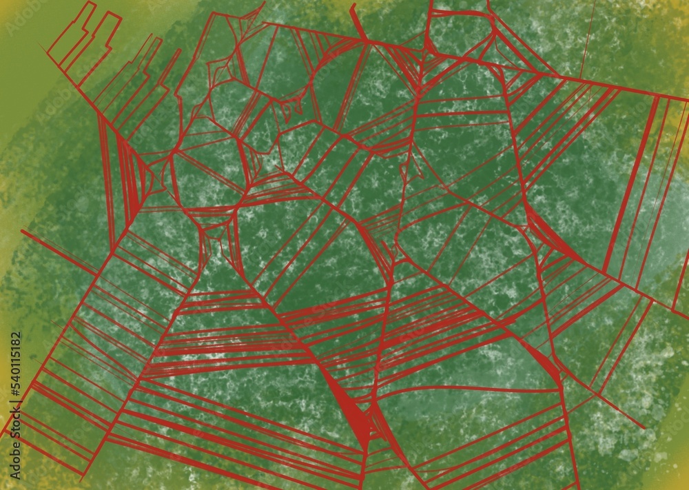 illustration abstract green background and red lines cobweb regularly arranged