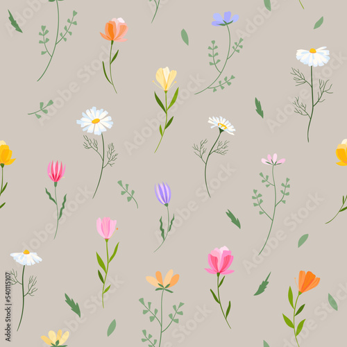 Vector floral seamless pattern. Set of leaves, wildflowers, twigs, floral arrangements. Beautiful compositions of field grass and bright spring flowers on grey background. © MySunShine