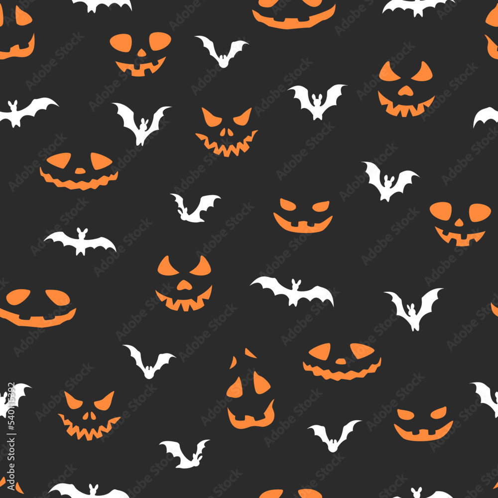 Vector seamless pattern with bats and scary faces. Halloween design for wrappings, textile, wallpaper and backgrounds. Vector seamless pattern with bats and scary faces. Halloween design for wrappings, textile, wallpaper and backgrounds.