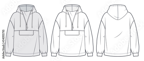 Unisex Hoodie technical fashion illustration. Oversize Sweatshirt, Anorac fashion flat technical drawing template, zip-up, pocket, front and back view, white, grey, women, men, unisex cad mockup set. photo