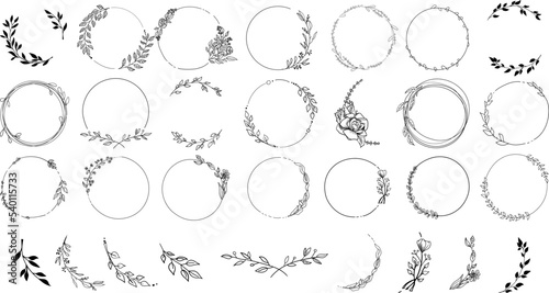 Set of black laurels frames branches. Vintage laurel wreaths collection. Hand drawn vector laurel leaves decorative elements. Leaves, swirls, ornate, award, icon. Vector illustration.
