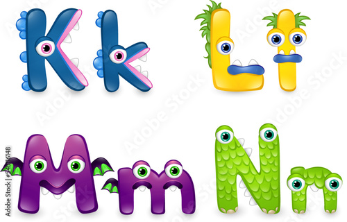Third set of monster letters on white background. Colourful alphabet of different cute monsters. 