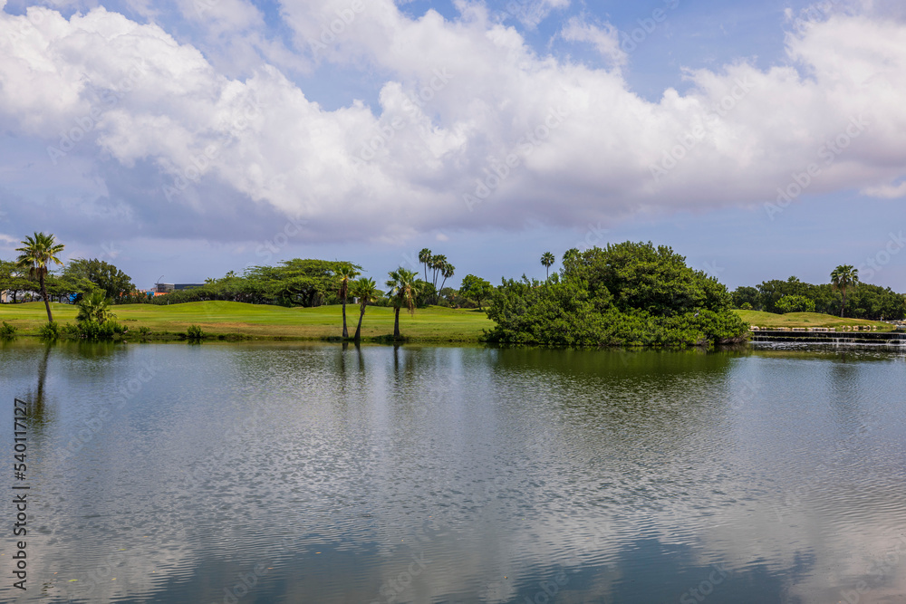 Beautiful view of lake and golf courses on island of Aruba.
