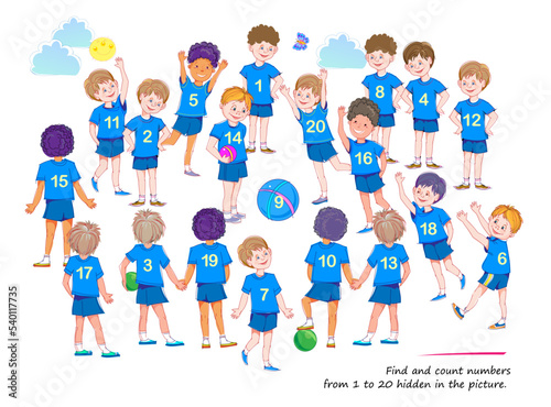 Logic puzzle game for kids. Find and count numbers from 1 to 20 hidden in the picture. Educational page for children. Developing counting skills. IQ test. Task for attentiveness. Cartoon vector.