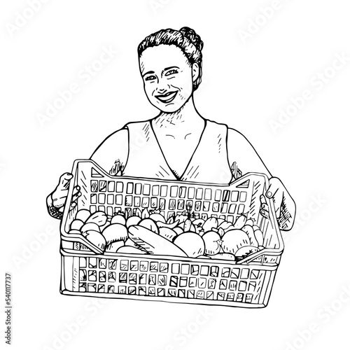 Sketch of a woman with a box of vegetables.