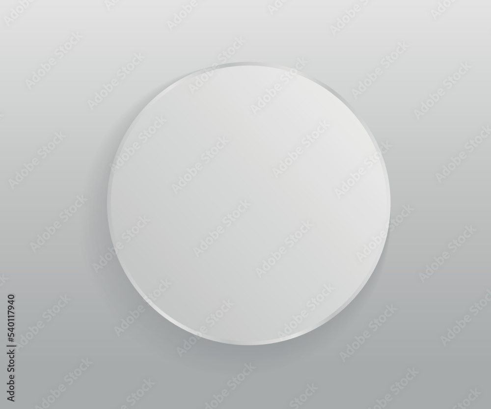 Round blank button with shadow on a gray background. Shop sign mock up on the facade.Vector illustration of a round button with empty space for your design.