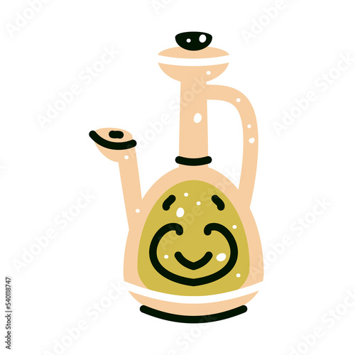 Olive oil glass jug isolated on white background. Vector cartoon bottle. Label for olive oil producers, packaging design for olives.