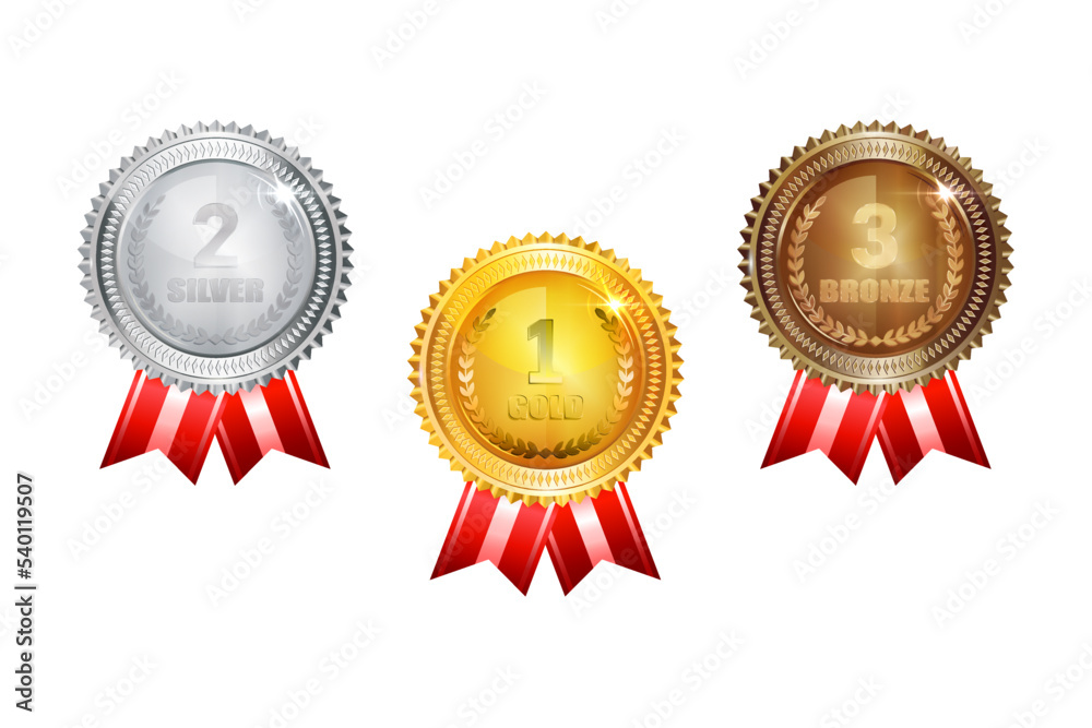 Champion Gold, Silver and Bronze Medal with Red Ribbon Icon Sign First, Secondand Third Place Collection Set Isolated Champion Gold, Silver and Bronze Medal with Red Ribbon Icon Sign First, Secondand Third Place Collection Set Isolated