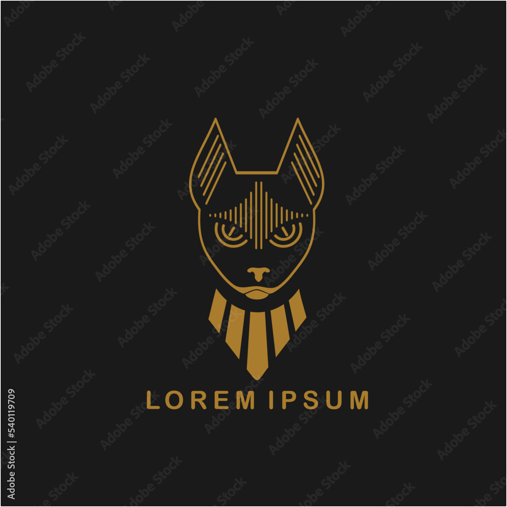 Egyptian cat. Bastet goddess. Black cat with golden necklace statuette from ancient Egypt art. Cartoon logo design. Old-style vector illustration isolated on black background. Egyptian cat. Bastet goddess. Black cat with golden necklace statuette from ancient Egypt art. Cartoon logo design. Old-style vector illustration isolated on black background.