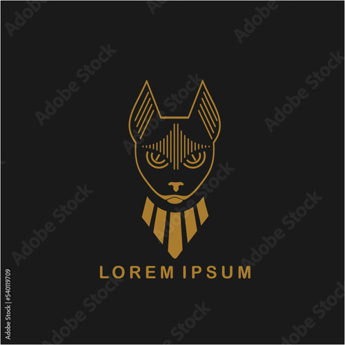 Egyptian cat. Bastet goddess. Black cat with golden necklace statuette from ancient Egypt art. Cartoon logo design. Old-style vector illustration isolated on black background.