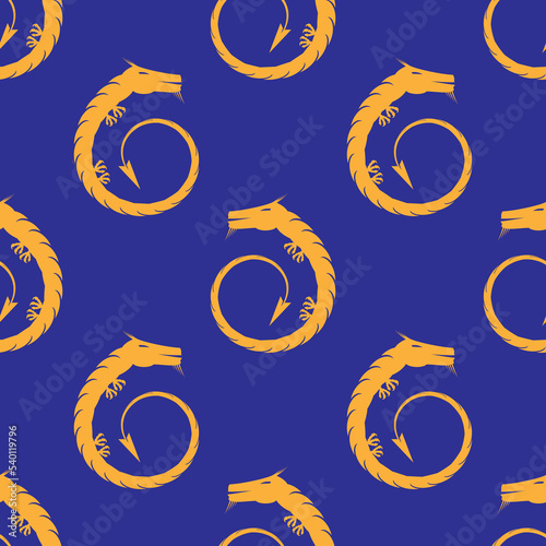 Orange Magic Dragon Icon Seamless Pattern Isolated on Blue Background. photo