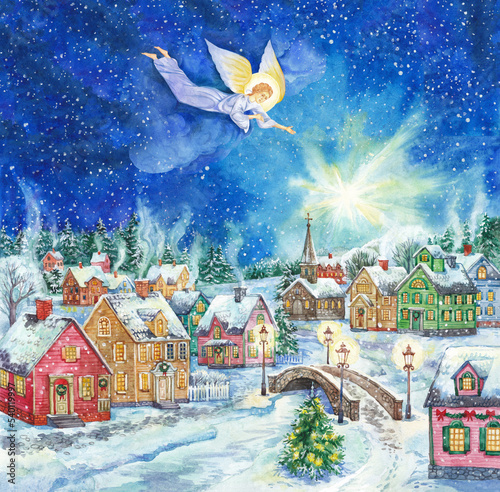 Christmas angel. Landscape. Snow-covered houses. Watercolour.