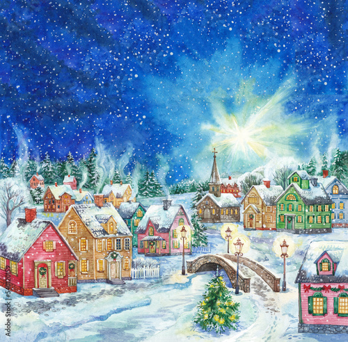 Christmas landscape. Snow-covered houses. The Christmas star. Watercolor.