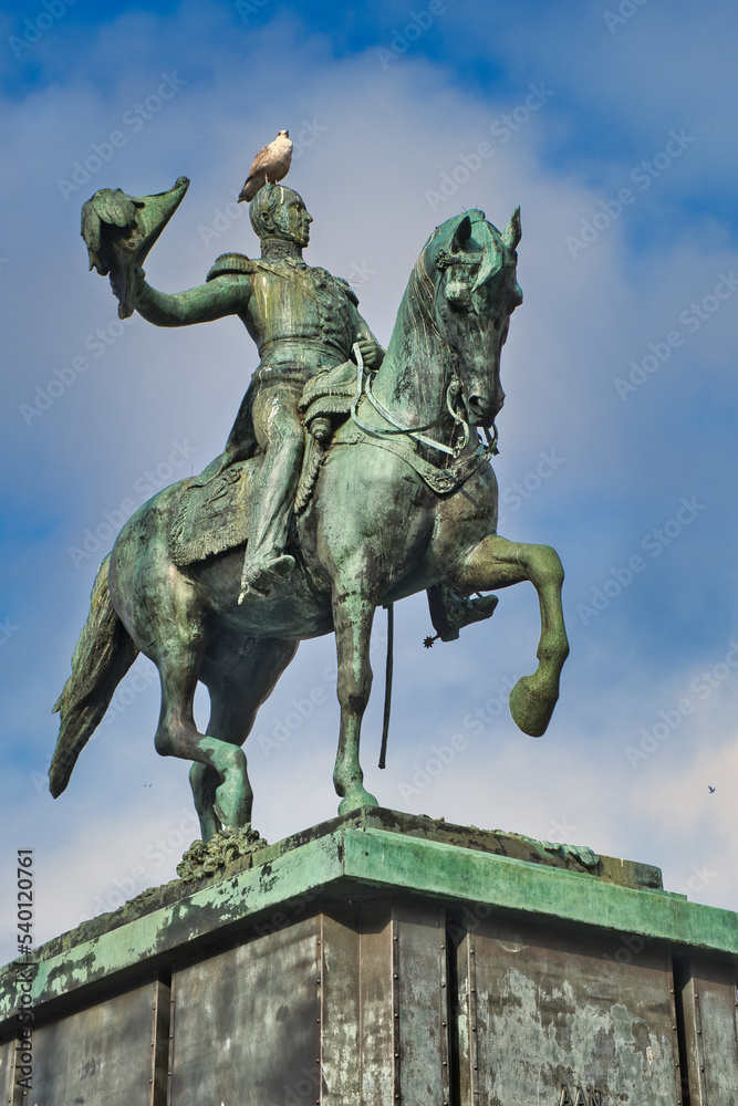 Equestrian statue of King William II of the Netherlands,  in front of the parliament buildings in The Hague, the Netherlands. Bird standing on the head of the statue.
