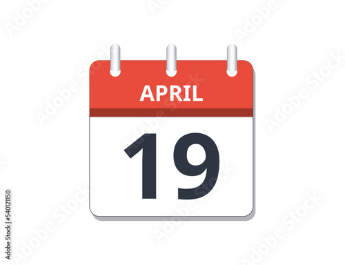 April 19th calendar icon vector.