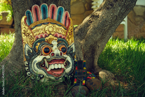 ritual Indonesian mask near a tree photo