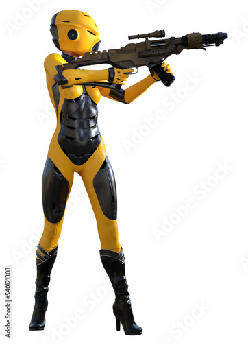 futuristic warrior in a yellow and black suit, armed with rifle, 3d render © Tiziano Cremonini
