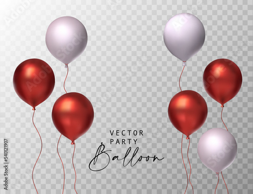 Balloon red white party set isolated on transparent background. Vector realistic 3d celebration birthday glossy gift