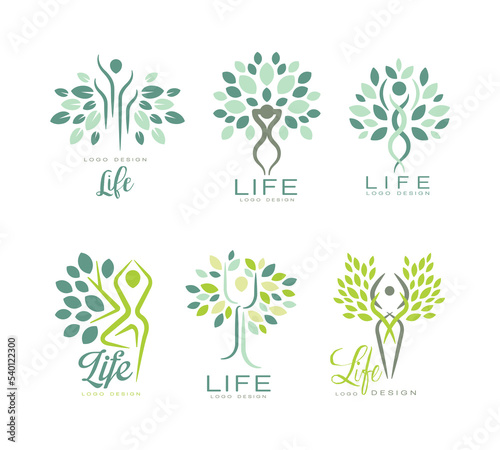 Life Logo Design with Human Silhouette as Tree with Lush Leaf Crown Vector Set