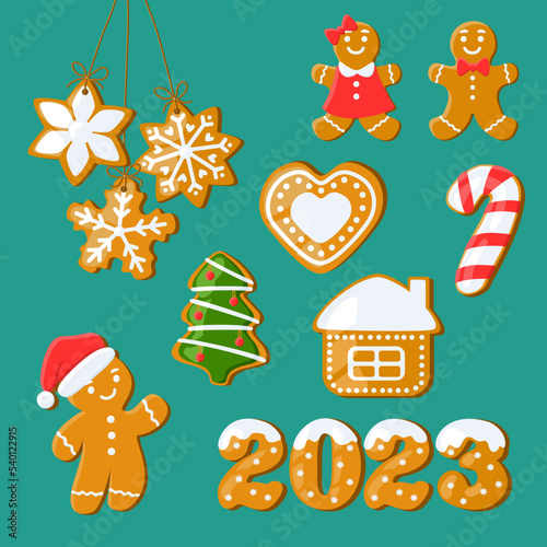 Set of cute gingerbread cookies for Christmas and New Year 2023, vector