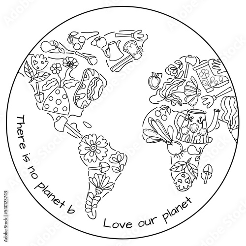Love our planet, there is no planet B. Hand drawn coloring page for kids and adults. Eco concept, zero waste. Beautiful drawing with patterns and small details. Coloring book pictures. Vector
