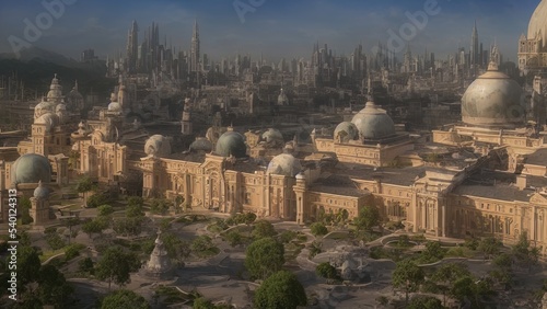Ancient eastern Arab city, oriental landscape, stone ancient buildings of a fabulous city. 3D illustration