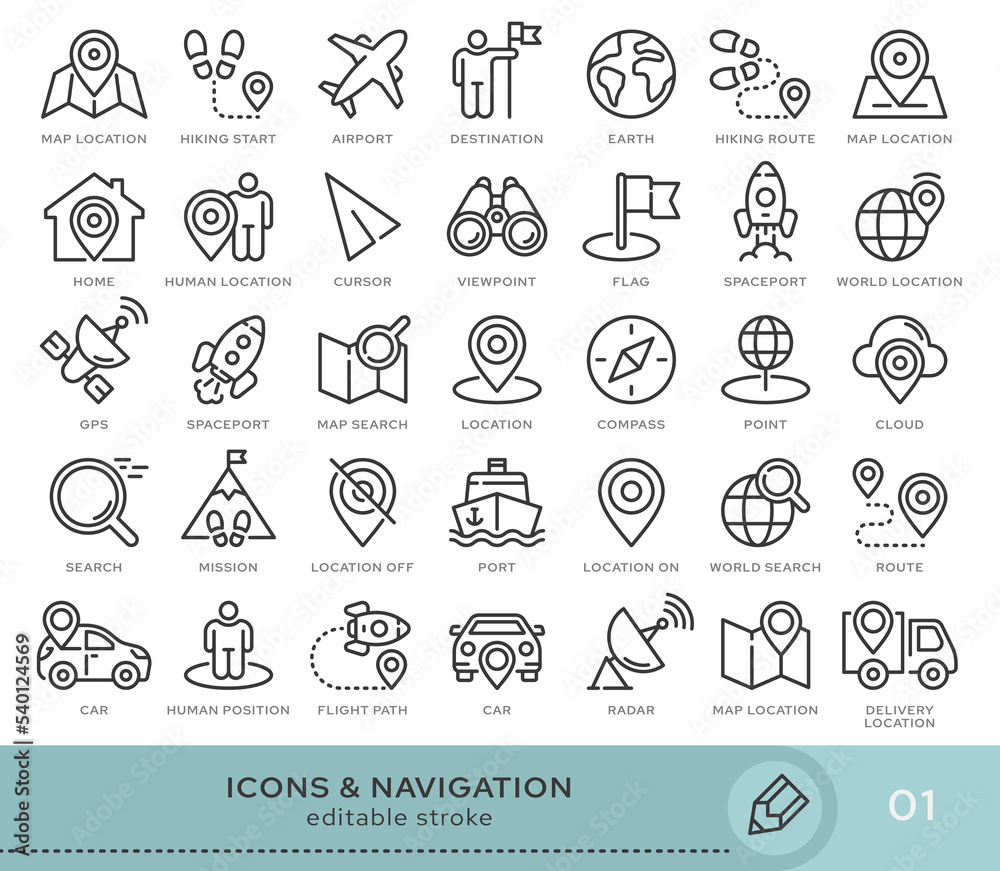 Set of conceptual icons. Vector icons in flat linear style for web sites, applications and other graphic resources. Set from the series - Navigation. Editable stroke icon. - obrazy, fototapety, plakaty 