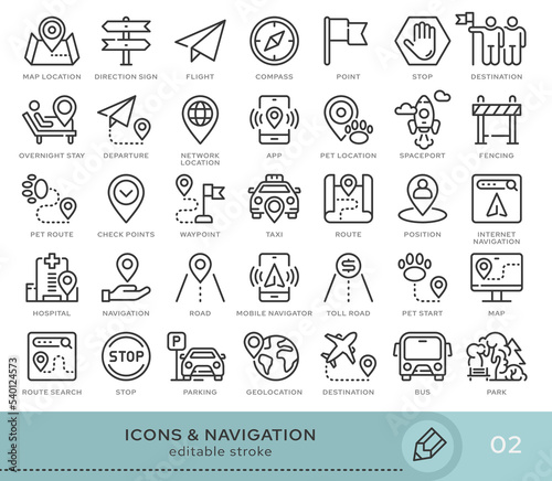 Set of conceptual icons. Vector icons in flat linear style for web sites, applications and other graphic resources. Set from the series - Navigation. Editable stroke icon.
