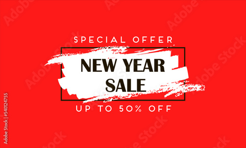 RED BANNER NEW YEAR SALE, DISCOUNT. MODERN BANNER, ABSTRACTION. ADVERTISING. BANNER ON SITE