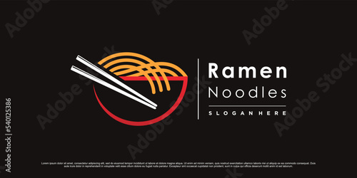 Noodle logo design illustration with bowl, chopsticks and creative element concept