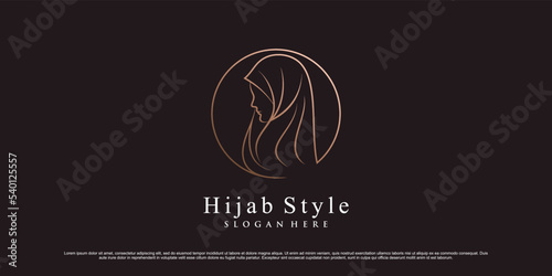 Muslim women logo design template wearing hijab with line art style and creative element
