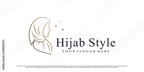 Muslim women logo design template wearing hijab with line art style and creative element