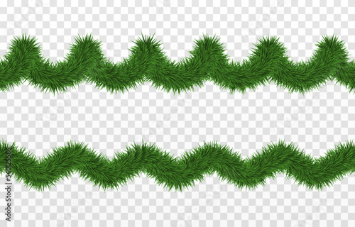 Vector green tinsel PNG. Spruce branches png, pine, spruce. Christmas garland, wreath. Christmas decorations, New Year background.