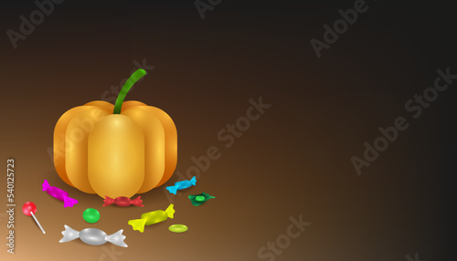 Halloween vector illustration of a pumpkin with candies at the bottom left and a copy space
